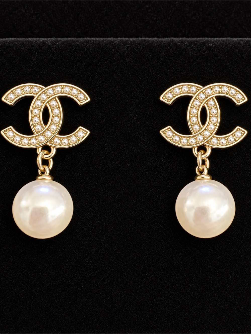 CHANEL Gold CC Pearl Drop Earrings - silver and White